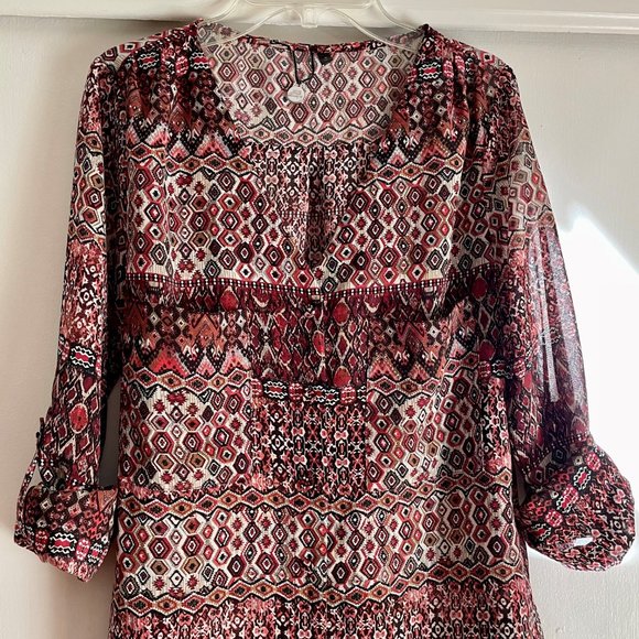BKE Geo Print Long Tab Sleeve V-Button Down Boho Semi Sheer Peasant Blouse Top S - Picture 1 of 9